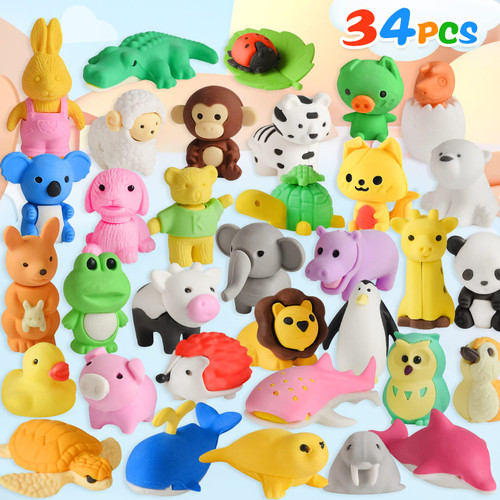 34Pcs Animal Erasers Desk Pets for Kids Classroom, Cute Mini Erasers Fun Bulk, Cool 3D Puzzle Pencil Erasers, Back to School Gifts Supplies, Classroom Rewards Prizes Treasure Box Toy for Kids Students