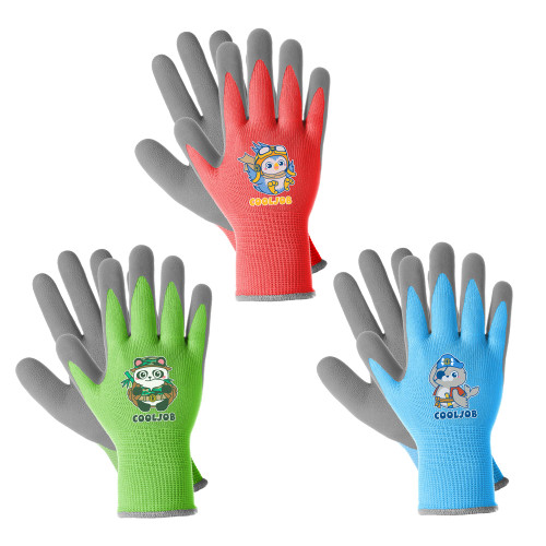 COOLJOB 3 Pairs Kids Gardening Gloves for Little kid Age 3-5, Children Toddlers Boys Grippy Rubber Coated Work Gloves, Red & Green & Blue (Explorer, Small S)