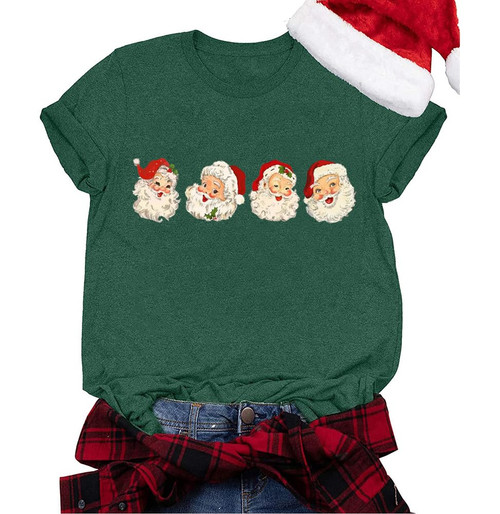 Retro Cheerful Santa Tshirt Women Santa Merry Christmas Shirt Vintage Santa Claus Graphic Tee Short Sleeve Xmas Tops (XXL, Green)