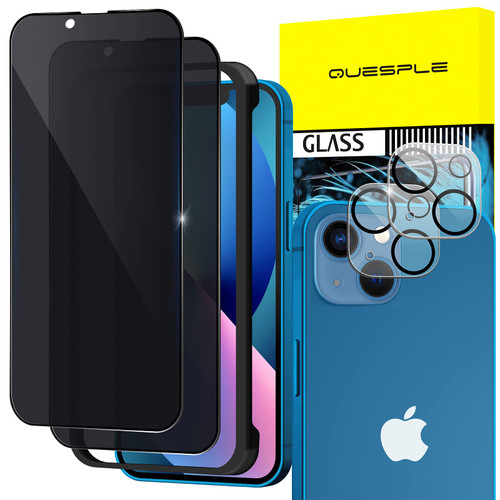QUESPLE 2 Pack Privacy Screen Protector for iPhone 13 [6.1 Inch] + 2 Pack Camera Lens Protector, Anti-Spy Tempered Glass Film with Easy Installation Kit, Case Friendly, Anti Peeping