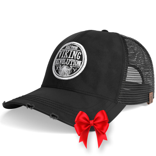 Viking Revolution Black Trucker Hat for Men - Black Baseball Cap with Mesh Black Hats for Men Baseball Cap - Mesh Trucker Hat Men Distressed with Velcro Adjustable Dad Hat