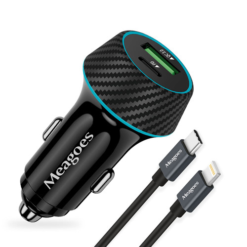 Fast USB C Car Charger, Meagoes 48W Dual Rapid Charging Adapter with PD3.0&QC3.0, Compatible with Apple iPhone 13/12/Pro/Max/Mini/11/XS/XR/X/8 Plus/SE - 3.3ft MFi Certified Type C to Lightning Cable