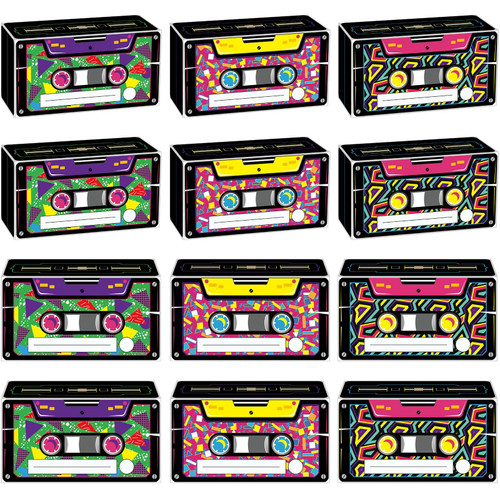 12 Pcs 80s 90s Favor Boxes Retro Radio Gift Boxes Back to the 1980 Candy Boxes Cassette Tape Goodie Gable Boxes 80s 90s Paper Present Boxes for Retro Boom Hip Hop 80s 90s Theme Birthday Party Supplies
