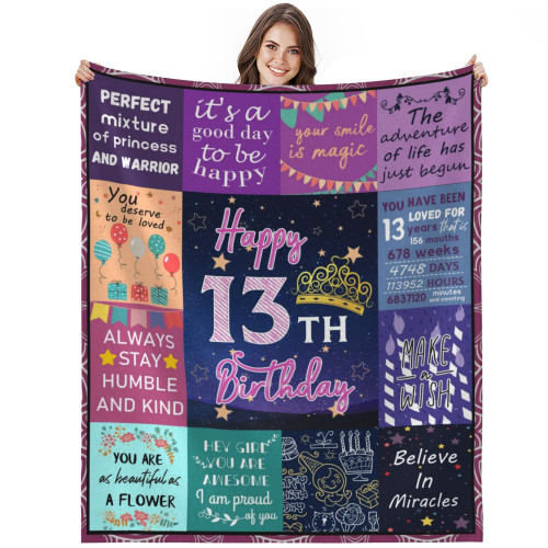Socofuz 13th Birthday Gifts for Girls Boys Blanket, Birthday Blanket, Birthday Gift for 13 Year Old Girls, 13th Birthday Decorations for Girl, 13 Year Old Girl Gift Ideas Throw Blanket 50x60 inches