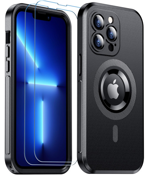 Temdan Magnetic for iPhone 13 Pro Case,[Compatible with Magsafe][Military Grade Drop Protection][Non-Slip][2 Pcs Glass Screen Protectors] Dropproof Heavy Duty Shockproof Phone Case-Black