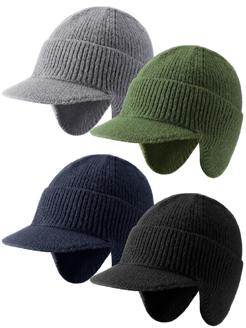 Giegxin 4 Pcs Winter Knit Beanie Visor Cap with Earflaps, Beanie Hats for Men, Thick Beanie with a Brim Fleece Lining Winter Hat with Visor Outdoor Cold Weather Men Women
