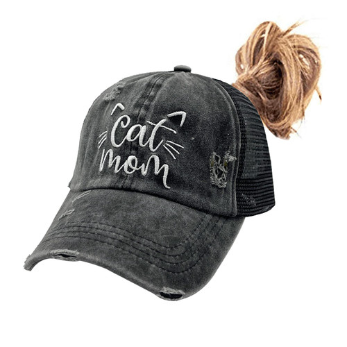 Waldeal Cat Mom Distressed Ponytail Trucker Hat, Adjustable Washed Denim Baseball Cap for Women