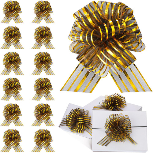 12 Pieces Pull Bow Large Organza Gift Wrapping Pull Bows with Ribbon for Christmas Presents Wedding Gift Wrapping Baskets (Black,6 Inch)