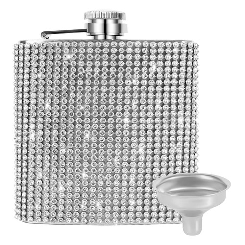 INSTOME Diamond Hip Flask,Flasks for Liquor for Women,6oz Bling Flasks for Liquor,Rhinestone Hip Flask Leakproof with Funnel,Leakproof Flask for Wine Whiskey Liquor Drinking (6oz, silver)