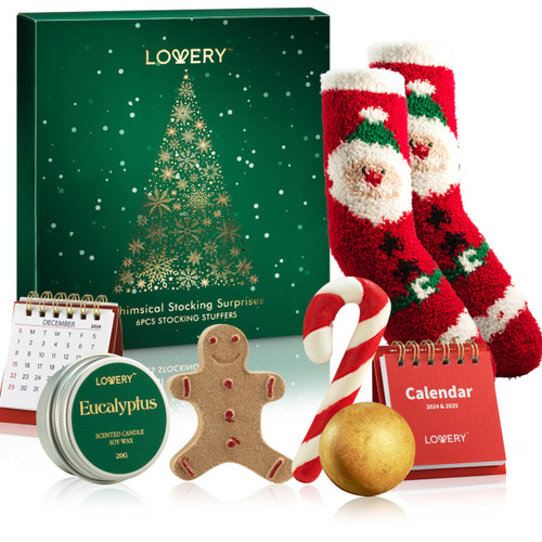 Christmas Stocking Stuffers, 8pc Stocking Stuffers for Teens, Kids, Adults, Women, Best Stocking Stuffer Ideas, Mens Stocking Stuffers with Gingerbread Bath Bomb, Candy Cane Soap, Calendar & More