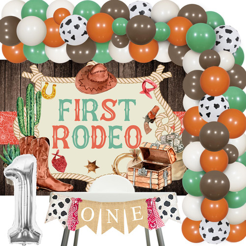 Balterever First Rodeo Birthday Party Decoration Sage Green Western Cowboy 1st Birthday Balloon Garland Kit for Boys with First Rodeo Backdrop Cowboy 1st Birthday High Chair Banner