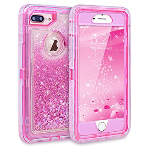 for iPhone 7 Plus Case Glitter 3D Bling Sparkle Flowing Liquid Transparent 3 in 1 Shockproof TPU Silicone Core + PC Frame Protective Defender for iPhone 8 Plus/7 Plus/6s Plus - Pink