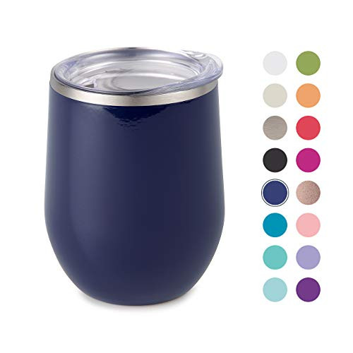 Maars Bev Stainless Steel Stemless Wine Glass Tumbler with Lid, Vacuum Insulated 12 oz Midnight Blue Cup | Spill Proof, Travel Friendly, Classic Cocktail Drinkware