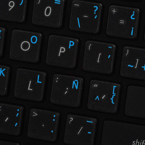 4Keyboard Spanish Latin American Keyboard Labels ON Transparent Background with Blue Lettering (14X14)