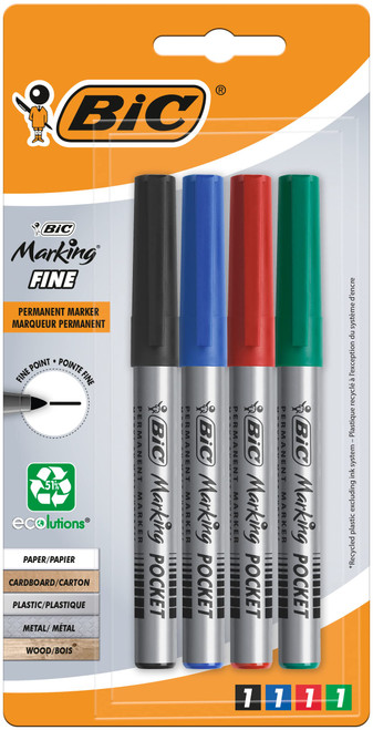 BIC Marking Fine ECOlutions Permanent Markers with Fine Conical Tip - Assorted Colours, Pack of 4