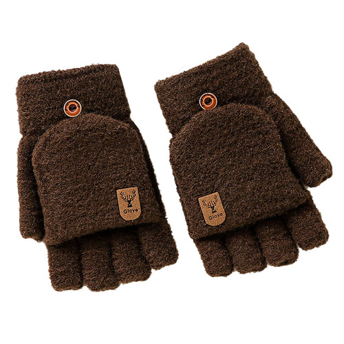 IRegina Winter Knitted Fingerless Gloves Thermal Insulation Warm Convertible Mittens Flap Cover For Men Women (Brown, One Size)