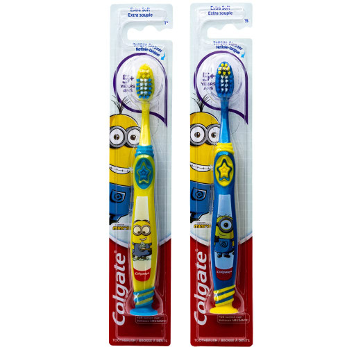 Colgate Minions Toothbrush with Suction Cup, Tongue Cleaner 5+ Years, Extra Soft (Colors Vary) - Pack of 2