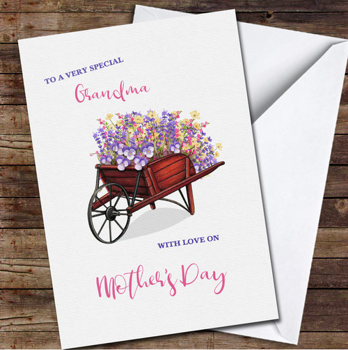 Wooden Wheelbarrow Full Of Flowers Personalized Mother's Day Card, Personalized Card, Mothers Day Card, Mother's Day, Mothers Day Card, Custom Greetings Card