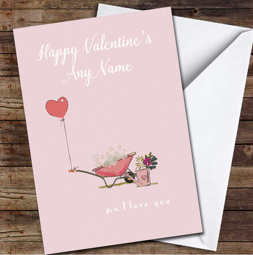 Wheelbarrow Heart P.S I Love You Personalized Valentine's Day Card |Custom Greetings Card Personalized Holiday Cards, Birthday Cards, Christmas Cards, Lots of Designs| Standard Or Jumbo Large Personalized Card