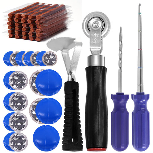 Wokape 32Pcs Tire Repair Kits with Brown Tire Repair Strings, Incl Probe Awl/Spiral Cement Tool/Stitcher/Scraper and Patches