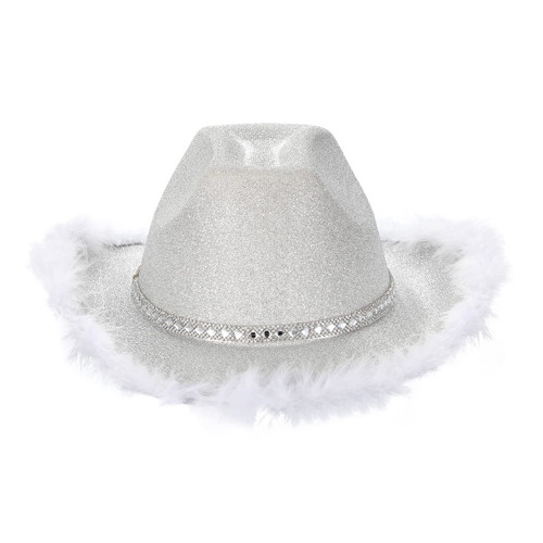 Cowboy Hat Fluffy Feather Trim Cowgirl Hat Women Adult Western Felt Cow Girl Hat Fancy Dress Party Halloween Cosplay Costume (Fluffy Glitter White, One Size)