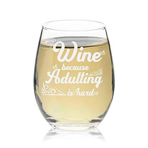Veracco Wine Because Adulting Is Hard Stemless Wine Glass Funny Birthday Christmas Gift For Wine Lover Coworker Bestfriend Sister (Stemless Glass)