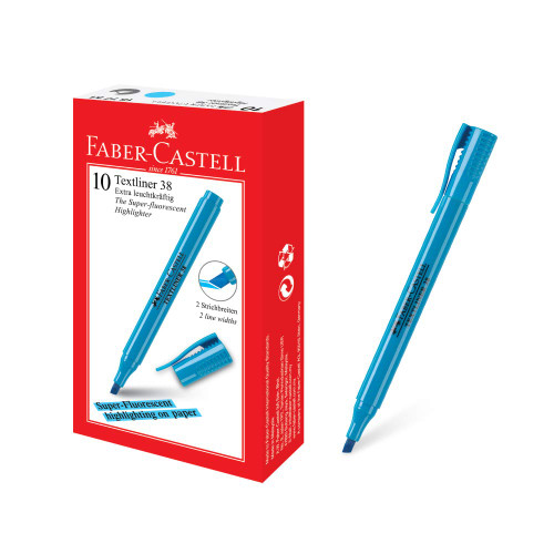 Faber-Castell Textliner 38 Highlighter Pen (Box of 10, Blue) - 2 Line Widths, Super Fluorescent, Vivid Colors, Clipped Holder, Lightweight & Slim Design, for Adults & Kids