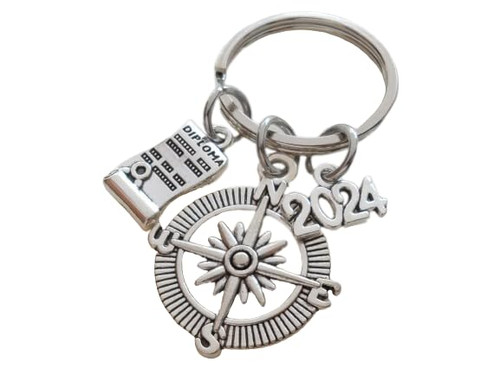 Custom Graduation Compass Charm Keychain with 2023 or 2024 Charm & Diploma Charm, Class of 2023 or 2024 Personalized Graduate Keychain, Gift for Graduate