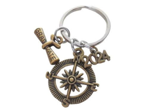 Custom Graduation Bronze Compass Charm Keychain with Graduate Scroll Charm, Class of 2023 or 2024 Personalized Graduate Keychain, Gift for Graduate
