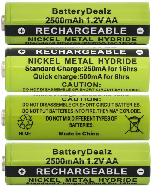 BatteryDealz Rechargeable AA NiMH High-Capacity Batteries 2500 mAh, 1.2V, Rechargeable up to 500x Times (4-Pack