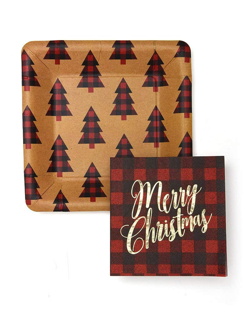 Gartner Studios Lumberjack Plaid and Gold Foil Holiday Plates With Napkins, 40 Count