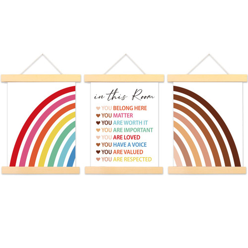 Whaline In this Room Sign Rainbow Poster Set Diversity Wall Art Boho Watercolor Canvas Painting Prints Inspirational Scroll Painting for Classroom Office Wall Decor, 3Pcs, 8 x 10