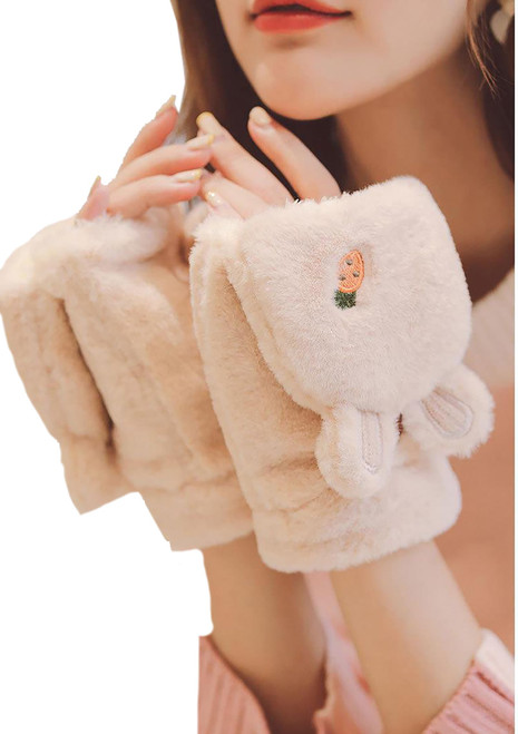 HMTRADE Cute Rabbit Fingerless Faux Fur Plush Gloves for Girls Women,Convertible Flip Half Finger Mittens Winter Gloves (Khaki)