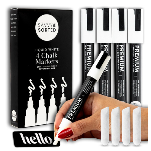 White Liquid Chalk Markers Erasable - 4PK 6mm Fine Tip Chalk Markers Chalk Pens - Chalkboard Markers Bistro Chalk Marker Glass Window Markers - Glass Board Markers - Erasable Chalk Markers Fine Tip