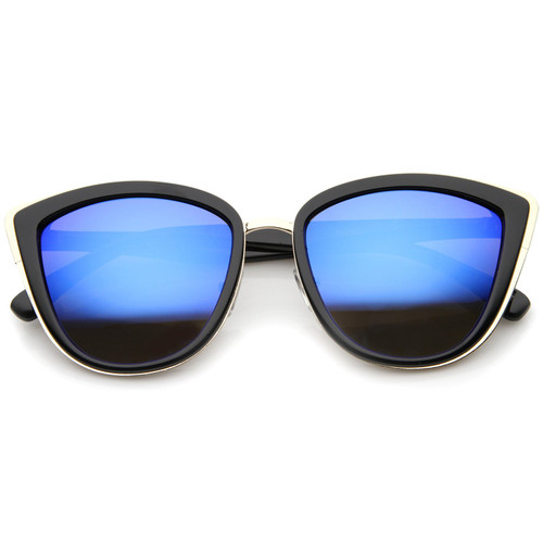 zeroUV High Fashion Metal Outer Frame Color Mirror Lens Oversized Cat Eye Sunglasses 55mm (Black-Gold/Blue Mirror)