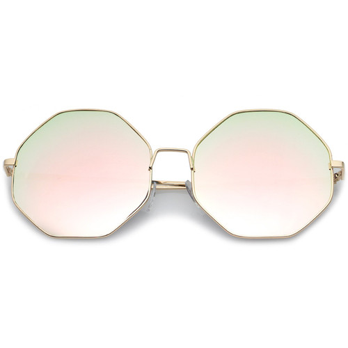 zeroUV Oversize Metal Frame Slim Temple Colored Mirror Lens Hexagon Sunglasses 63mm (Gold/Pink-Green Mirror)