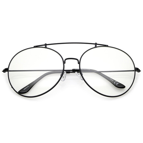 zeroUV Classic Oversize Metal Frame Slim Temple Crossbar Clear Lens Round Eyeglasses 59mm (Black/Clear)