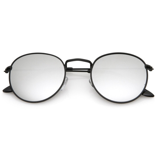 zeroUV Retro Metal Frame Thin Temples Colored Mirror Lens Round Sunglasses 50mm (Black/Silver Mirror)