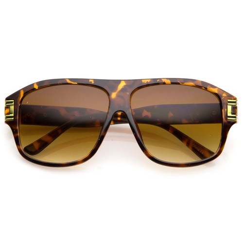 zeroUV - Oversize Flat Top Metal Accent Wide Temple Square Lens Aviator Sunglasses 60mm (Tortoise-Gold/Amber)