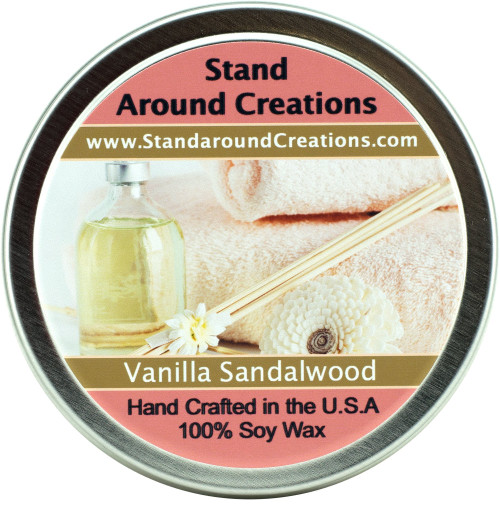 Premium 100% All Natural Soy Wax Aromatherapy Candle -6oz Tin -Vanilla Sandalwood: A Beautiful Combination of Luscious Rich Vanilla, and Indian Sandalwood.
