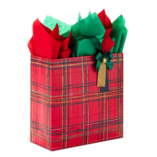 Hallmark Signature 12" Large Square Christmas Gift Bag with Tissue Paper (Elegant Red and Gold Plaid with Bow and Jingle Bell)