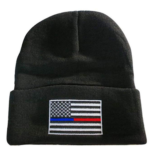 Thin Blue Red Line USA Flag Knit Skull Cap Hat Beanie Support Police Firefighter