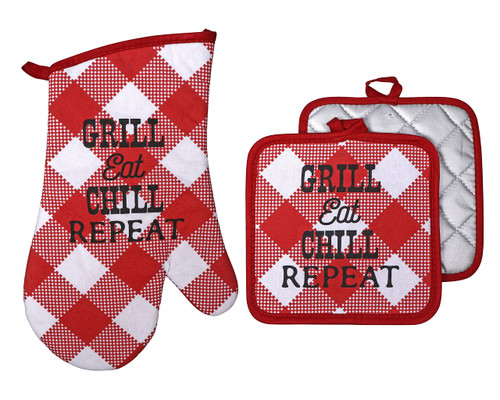 Oven Mitts and Pot Holders Sets (Grill Theme 3pc Set), Kitchen Mittens, Pot Holders Sets, Cooking Mittens, Cute Oven Mitts (Red)