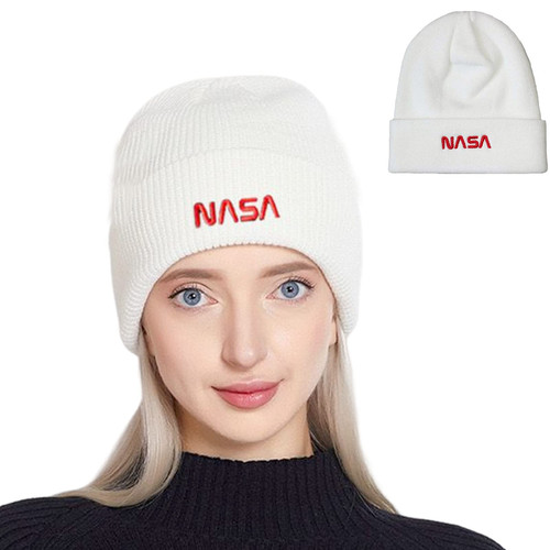 PHILOMI NASA Beanie Winter Hat NASA Knit Hat White Skull Hat with NASA Patch for Men and Women NASA Hip Hop Style