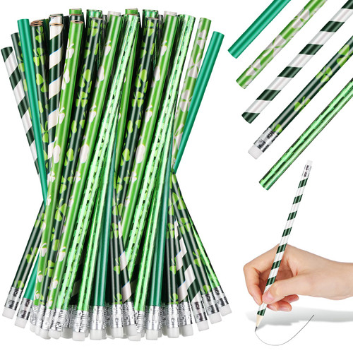 St. Patrick's Day Pencils Shamrock Pencils Clover Novelty Stripe Pencils with Eraser Assorted Kids Pencils Lucky Wood Pencils for 100th Day of School Party Favor Office Supply, 5 Styles (50 Pieces)