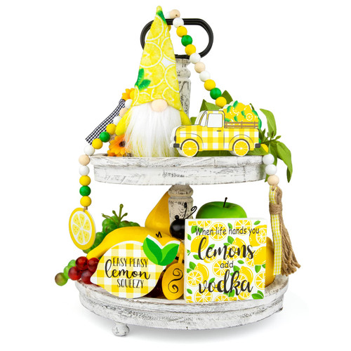 Whaline Summer Lemon Gnome Wooden Tiered Tray Decor Rustic Farmhouse Yellow Lemon Truck Summer Wood Signs Lemonade Theme Lemon Beads Garland for Holiday Home Kitchen Tabletop Decoration, 5Pcs