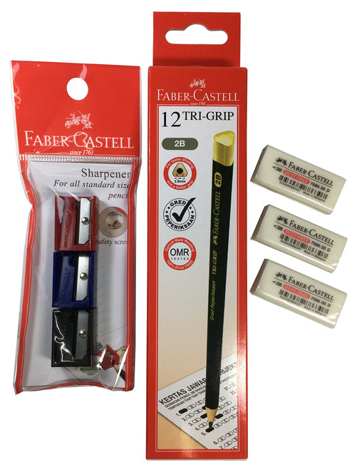 Faber-Castell 12 Tri -Grip 2B Wooden Lead Pencils + 3 Faber-Castell Sharpeners + 3 Faber-Castell Dust Free Erasers (Bundling Set)