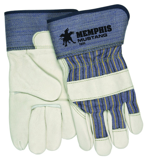 MCR Safety 1935L Mustang Grain Full Cowhide Leather Premium Grade Palm Gloves with 2-1/2-Inch Rubberized Safety Cuffs, Cream, Large, 1-Pair