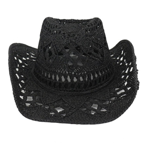 TOSSPER Womens Straw Hat Hollow Out Beach Fedora Cowboy Hat Western Straw Cowgirl Hat Uv Protection Summer Hat for Women Men, Black