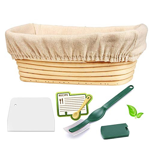 10 Inch Oval Bread Proofing Basket - Banneton Proofing Basket + Cloth Liner + Dough Scraper + Bread Lame + Starter Recipe Set - Sourdough Basket Set For Professional and Home Bakers Bread Making